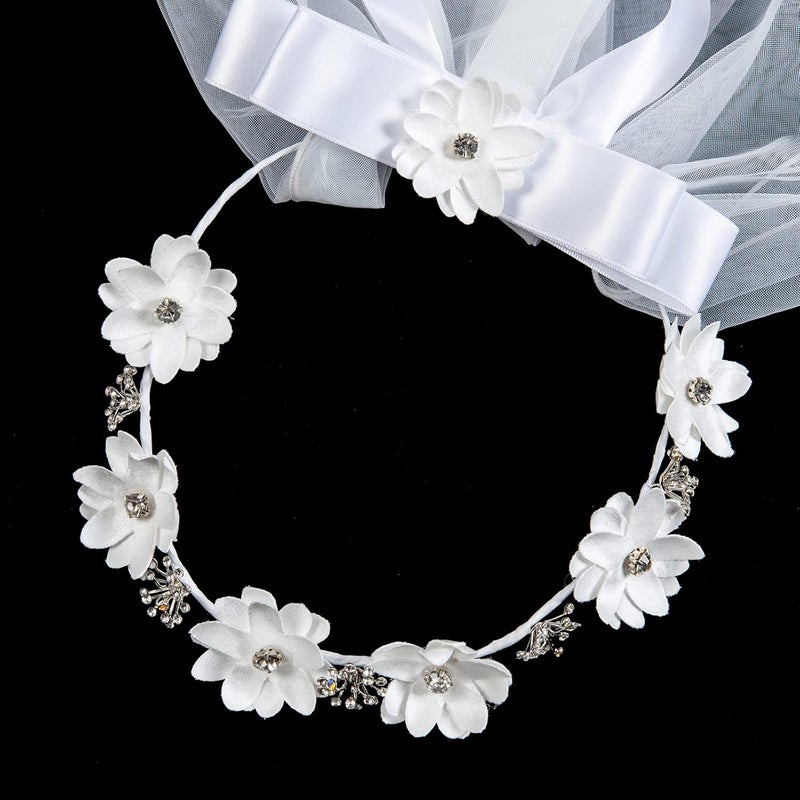 DDazzling Flower Crown Girls First Communion White Floral Wreath Lace Veil - Image 2